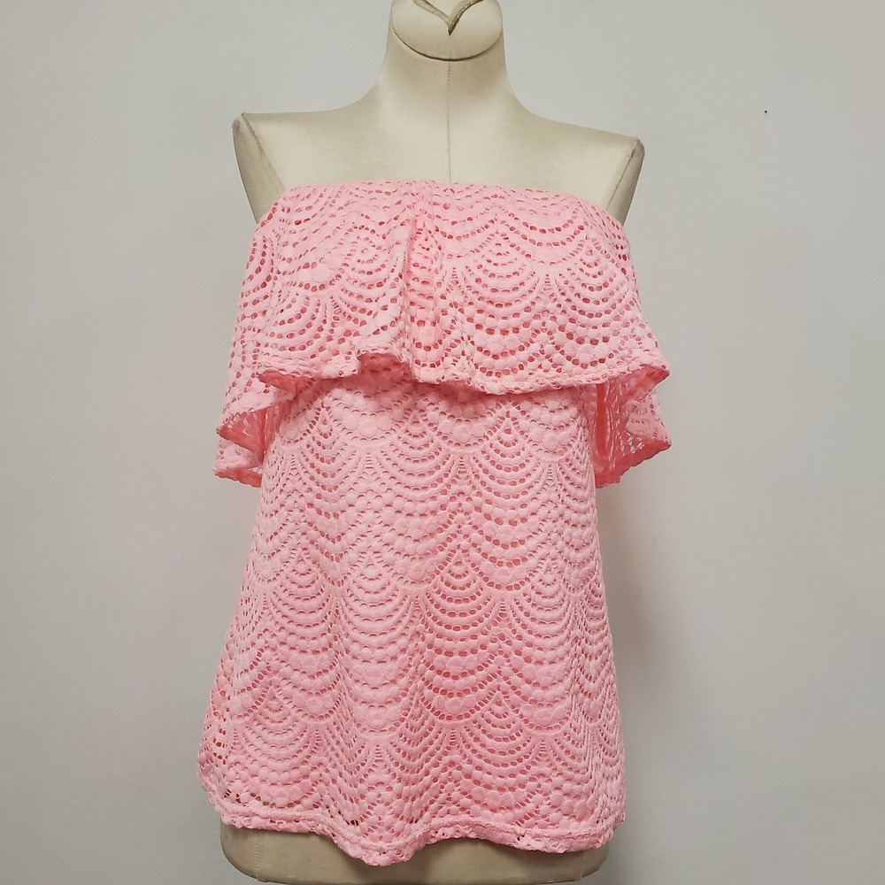Lilly Pulitzer Womens Wiley Off Shoulder Tube Top Size S Pink Ruffle Crochet